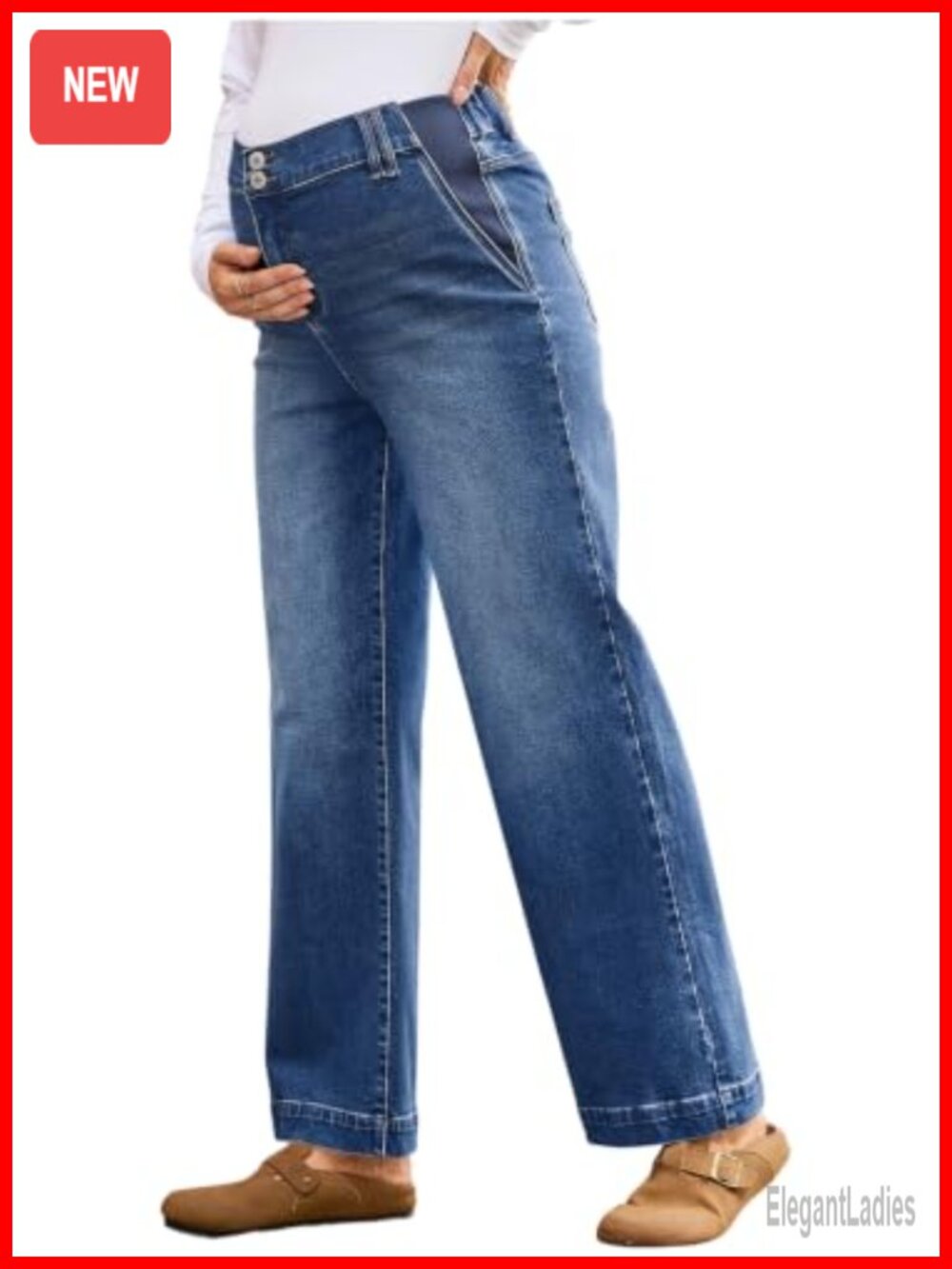Maternity Jeans High Rise Straight Wide Leg Adjustable Waist Pregnancy